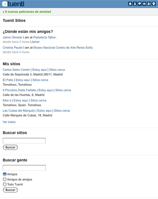 Tuenti Sitios incluye función de geolocalización