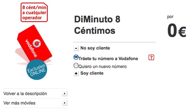 DiMinuto 8 de Vodafone, SMS y llamadas a 8 céntimos el minuto con Vodafone DiMinuto 8