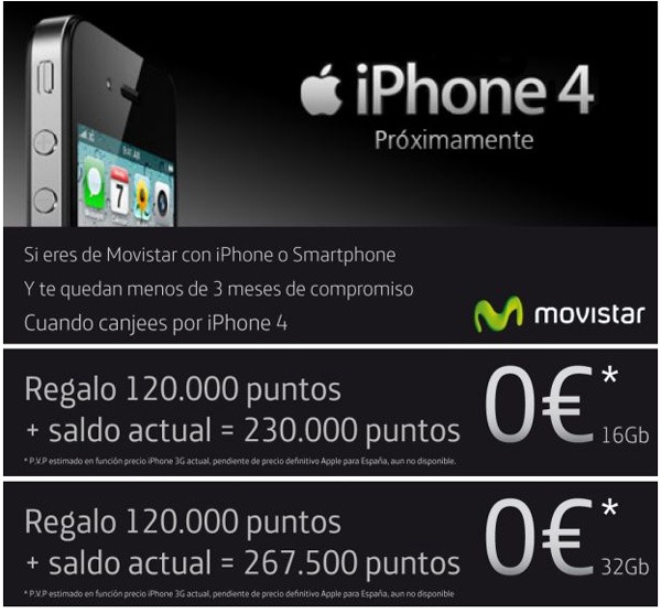 iPhone 4 gratis con Movistar, tarifas del iPhone 4 con Movistar en el programa de puntos