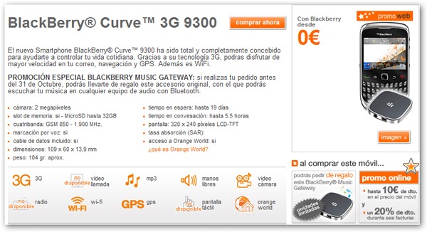 Blackberry Curve 3G con Orange, precios y tarifas con Orange