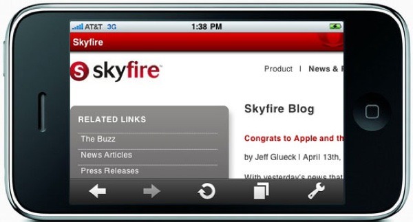 iPhone 4, navegador web con Flash y HTML 5 con la aplicación Skyfire para iPhone