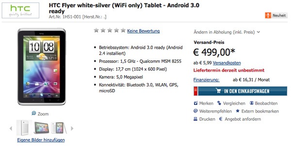 HTC Flyer, la versión Wi-Fi costarí­a 500 euros