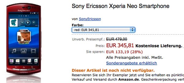 Sony Ericsson XPERIA Neo, podrí­a costar 345 euros