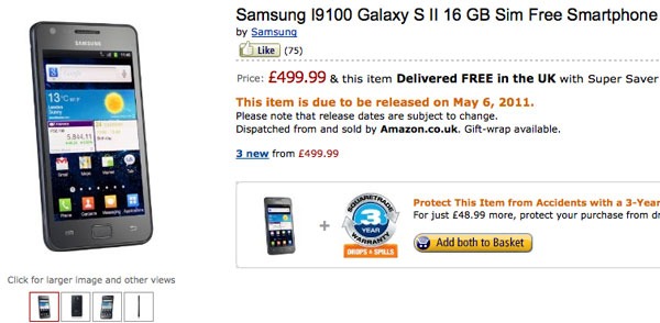 Samsung Galaxy S II, Amazon UK lo vende por 570 euros desde el 6 de mayo