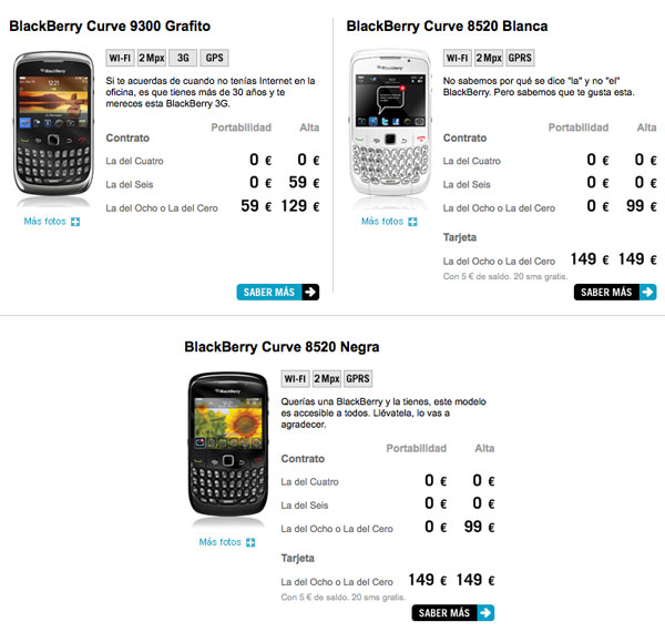 Yoigo pone sus tarifas a los móviles BlackBerry 3