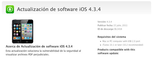 iOS 4.3.4 para iPhone, iPad y iPod Touch, nueva actualización del sistema de iconos de Apple