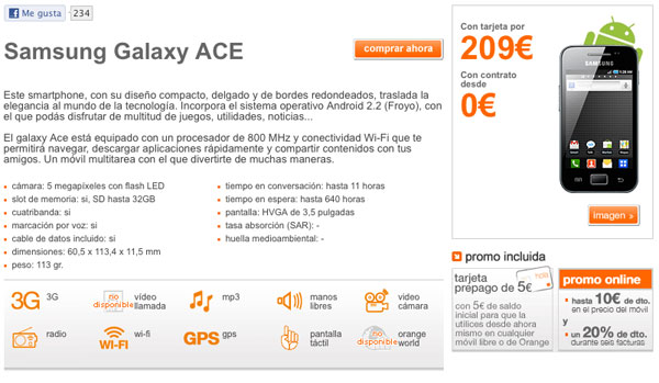 Tarifas y precios del Samsung Galaxy Ace con Orange 2