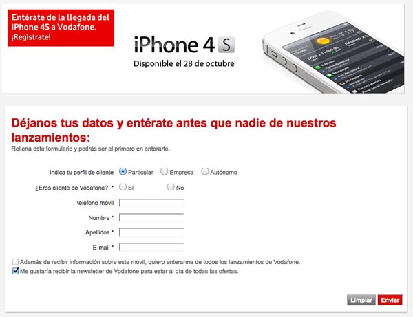 Vodafone apunta el lanzamiento del iPhone 4S el 28 de octubre 2