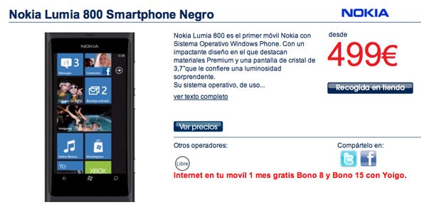 Nokia Lumia 800 libre por 500 euros en The Phone House 2