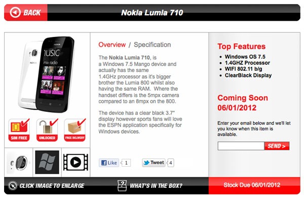 El Nokia Lumia 710 podrí­a ponerse a la venta el 6 de enero