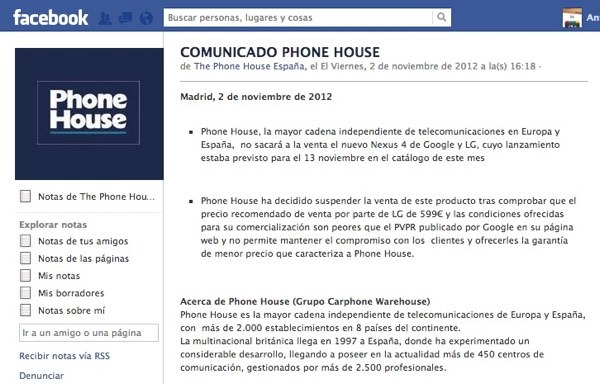 comunicado the phone house venta nexus4