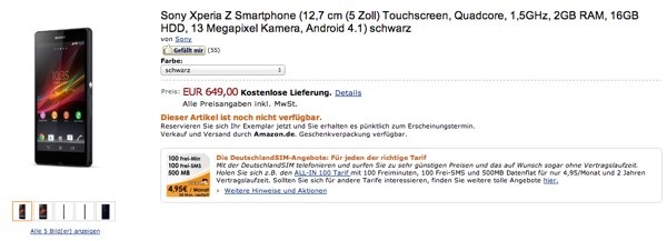 Sony Xperia Z, sus primeros precios en Europa 2 sony xperia z 650 euros amazon