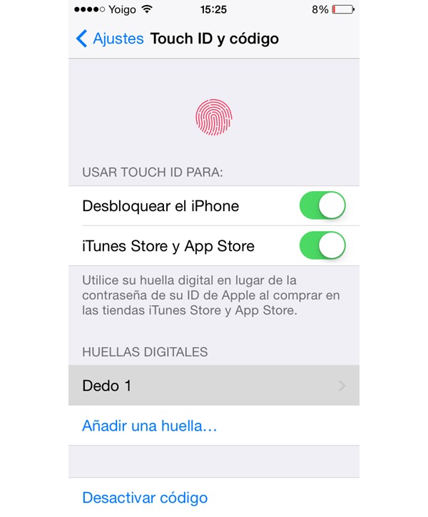 Configurar huellas almacenadas en el iPhone 5S