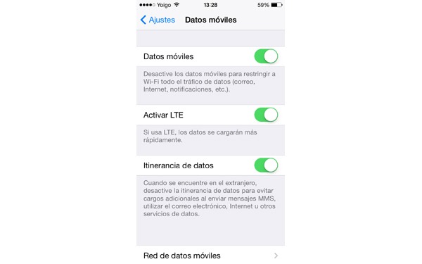 Activar y desactivar datos en iOS