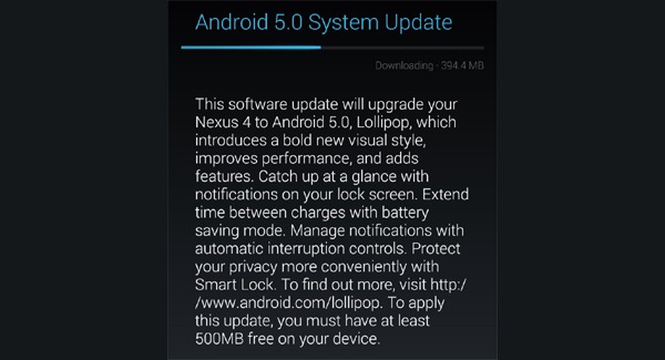 OTA de la actualización de Android 5.0 Lollipop