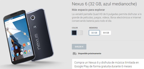 El Nexus 6 ya está en la Google Play de España, aunque todaví­a no se puede comprar
