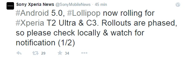 Actualización de Lollipop para el Sony Xperia T2 Ultra y el Xperia C3