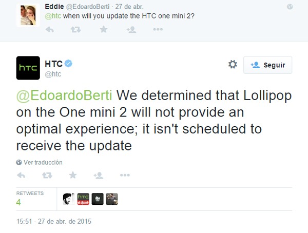 Actualización de Lollipop para el HTC One Mini 2