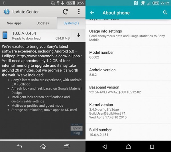 Actualización de Android 5.0.2 Lollipop para el Sony Xperia Z