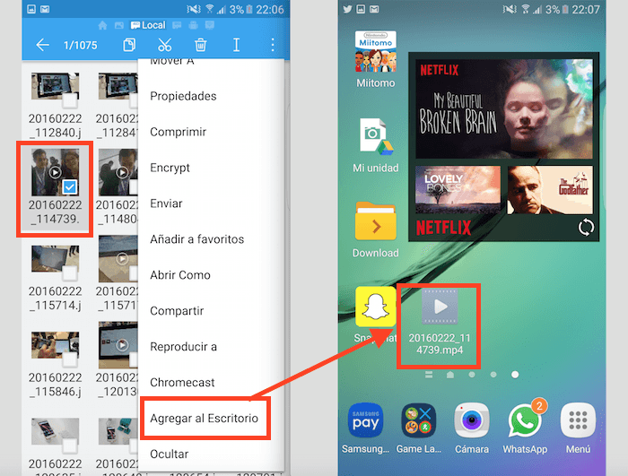 Anclar archivo de video en la pantalla de inicio de Android