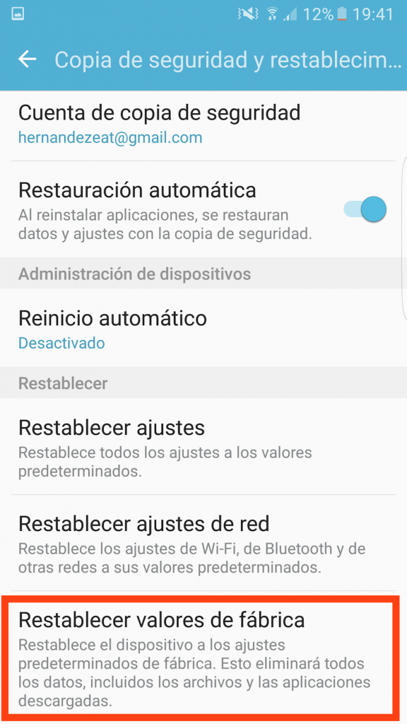 restablecer valores de fabrica en s7 edge