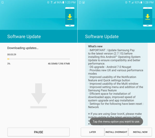 actualizacion a Android 7 del Samsung Galaxy Note 5 espacio
