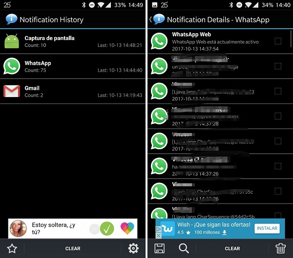 notification history interfaz
