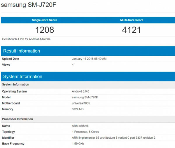 posibles características Samsung Galaxy J8 2018 Geekbench