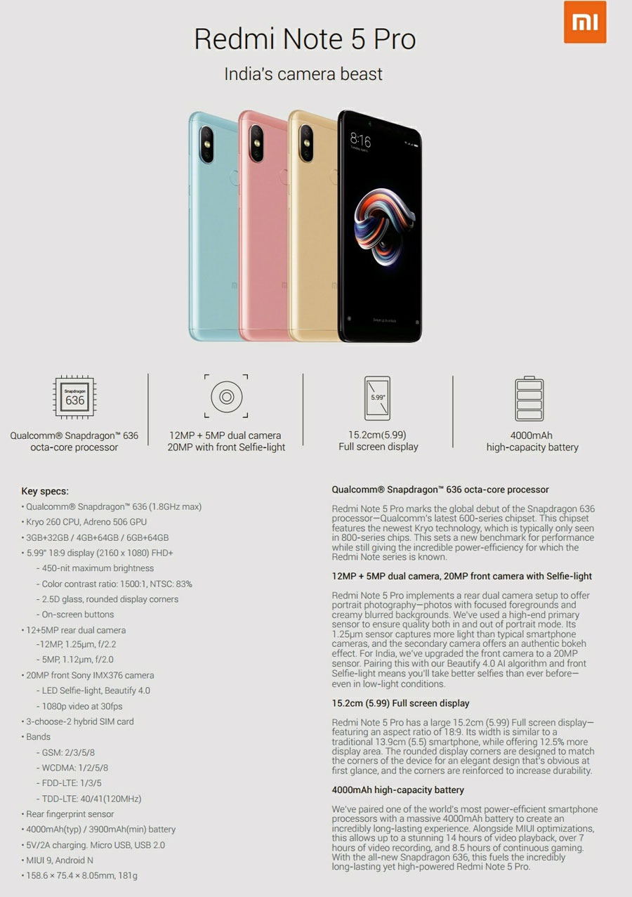 filtradas especificaciones Xiaomi Redmi Note 5 y Redmi Note 5 Pro hoja Redmi Note 5 Pro
