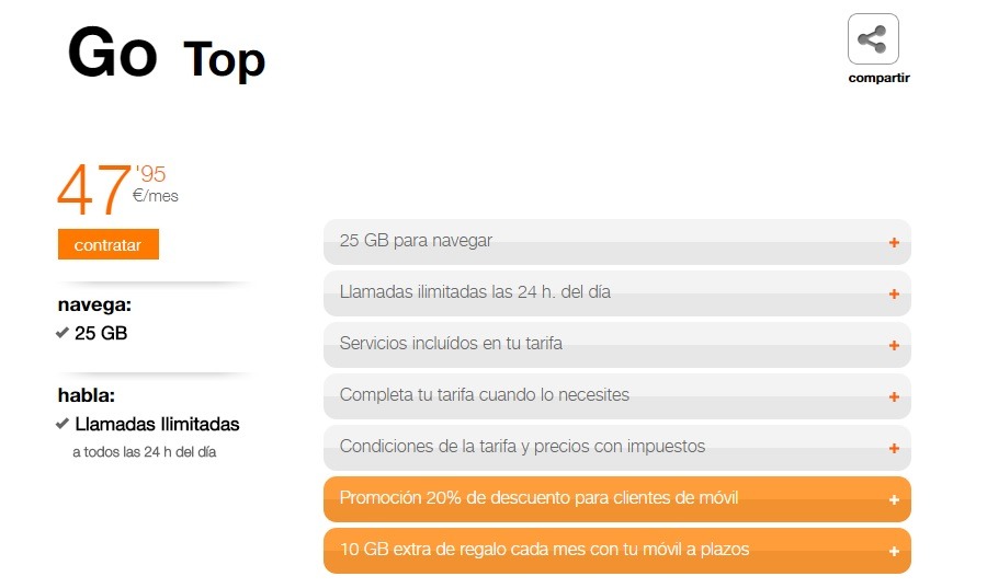 Orange, Go Top con 25 GB y 48 euros