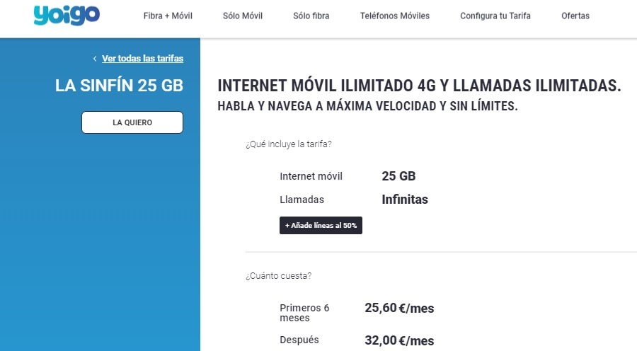 Yoigo, La Sinfín 25 GB con descuento