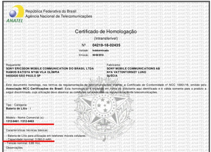 Sony Xperia XZ3 certificación batería
