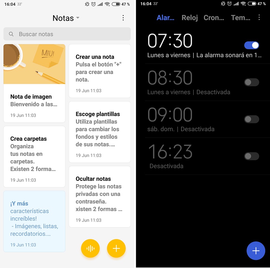 reloj y notas miui 10