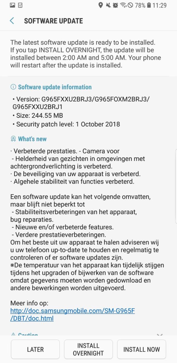 actualización de octubre del Samsung Galaxy s9