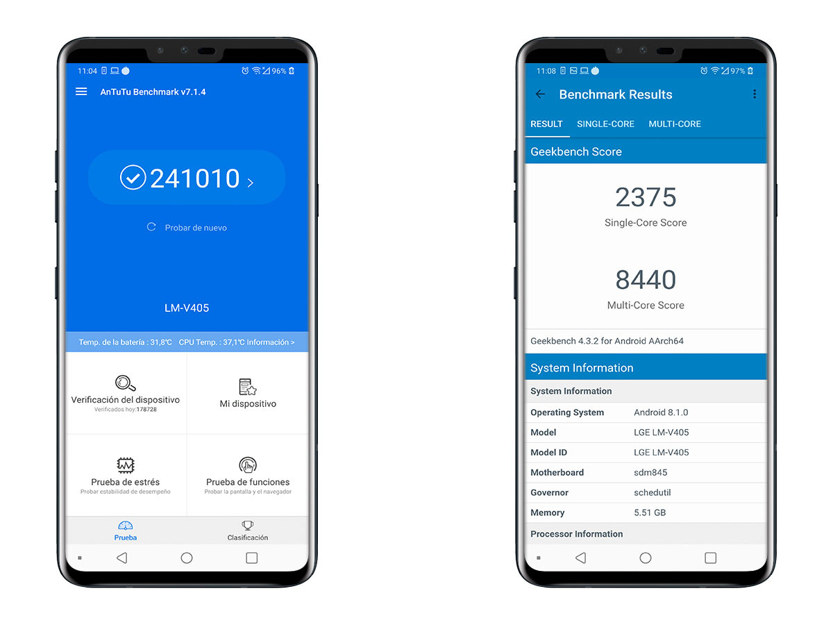comparativa LG V40 ThinQ vs Huawei Mate 20 Pro test de rendimiento V40