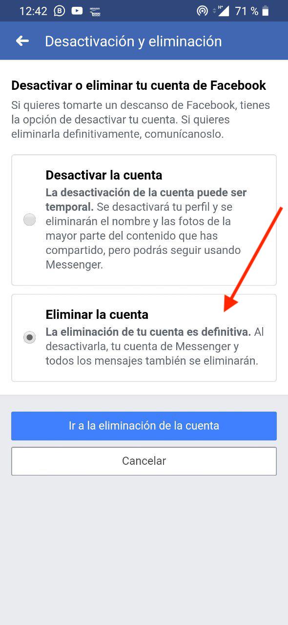 Como desactivar y eliminar la cuenta de Facebook desde el móvil