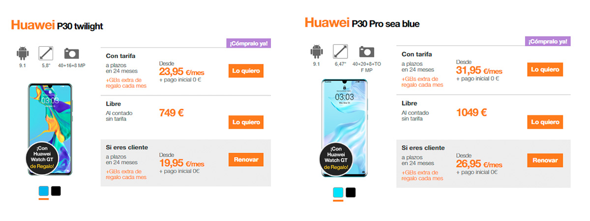 precios operadoras Huawei P30 y P30 Pro Orange