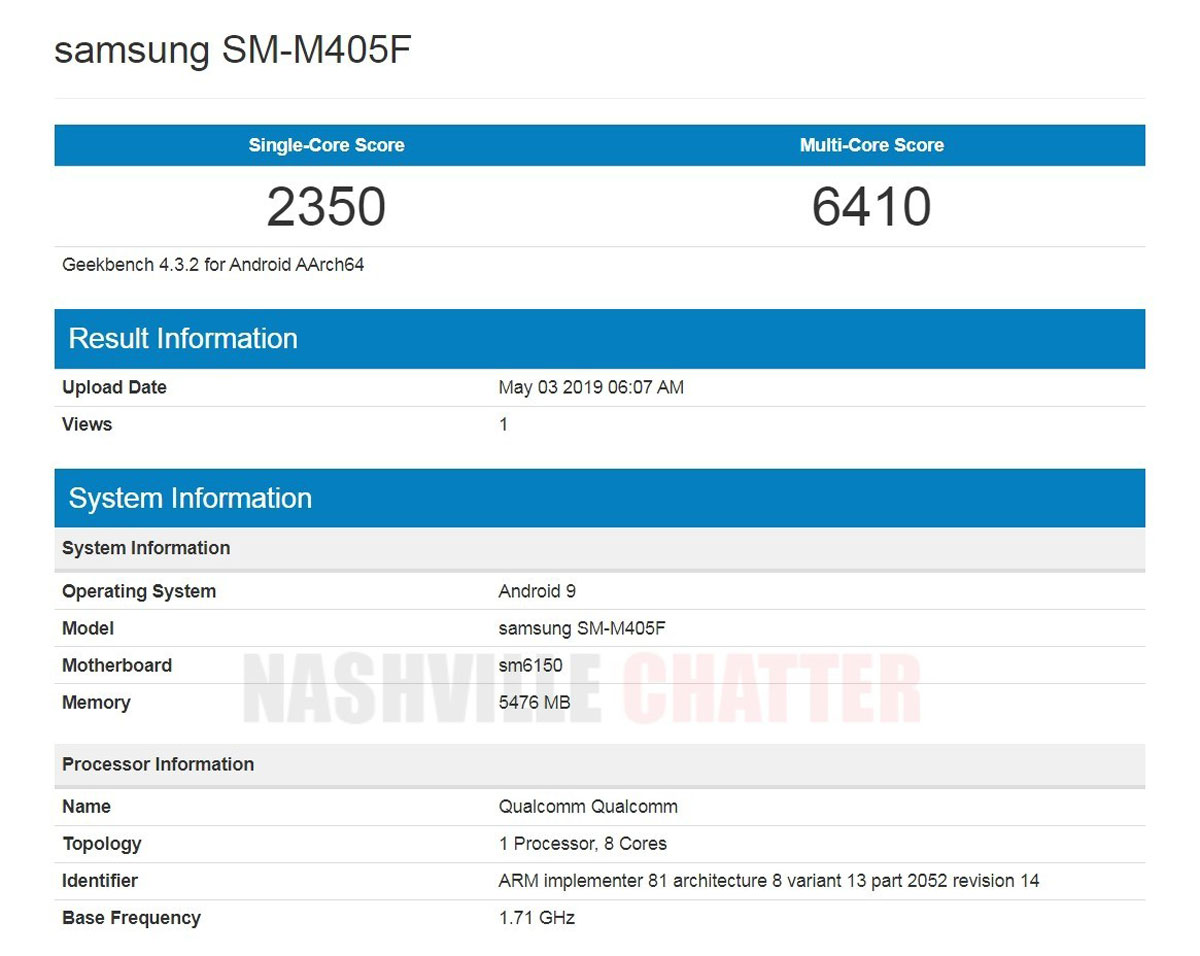 filtrado hardware Samsung Galaxy M40 test Geekbench
