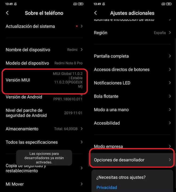 opciones de desarrollador