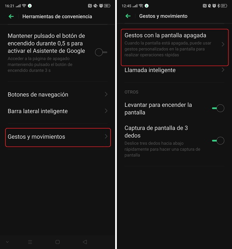 gestos pantalla apagada