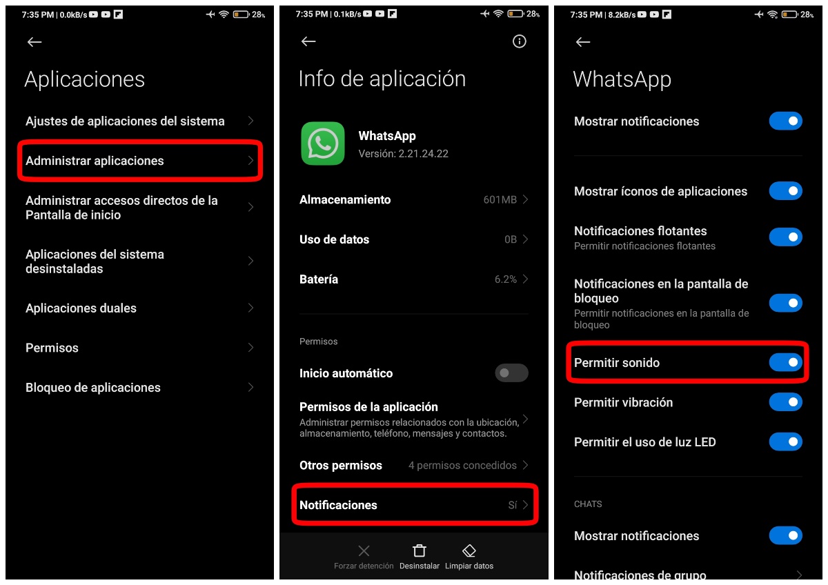 Activar sonido de las notificaciones de WhatsApp en Xiaomi MIUI