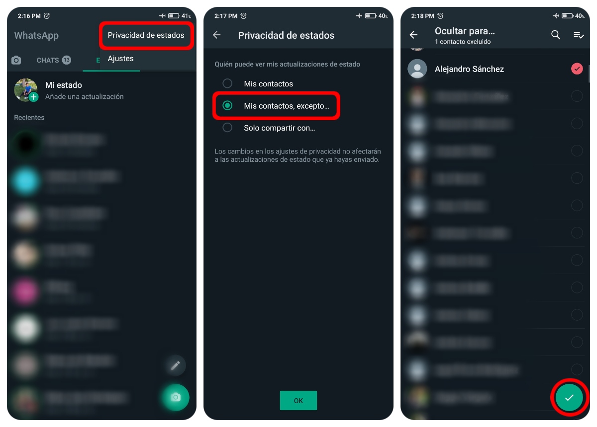 Ocultar estados en WhatsApp Android