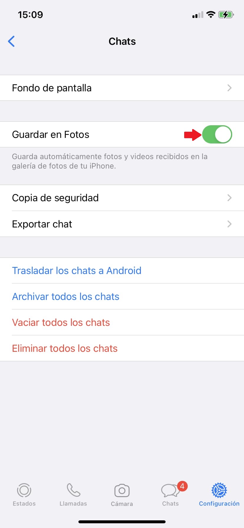 4a desactivar almacenamiento automatico de fotos de whatsapp en iPhone
