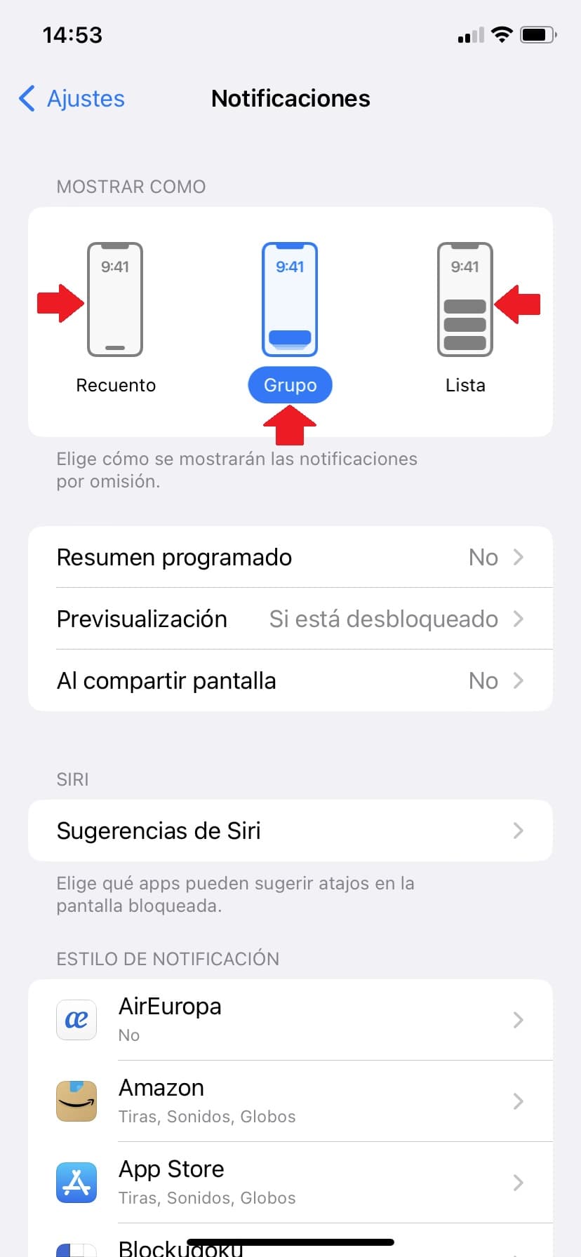 paso 3 cambiar la forma en que aparecen las notificaciones en el historial de notificaciones de iOS en el iPhone