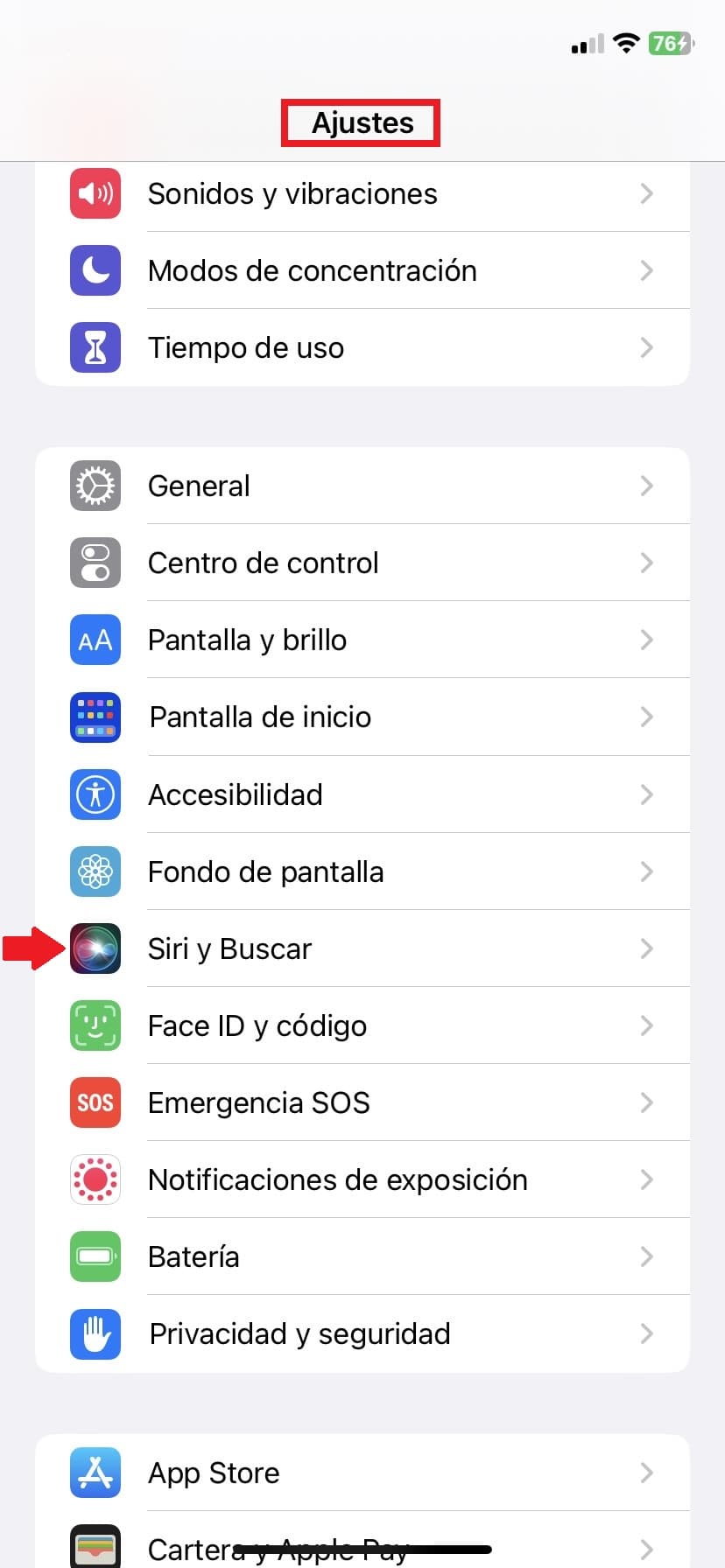 paso 1 y 2 desactivar Siri y Buscar despues de esconder una app en el iphone