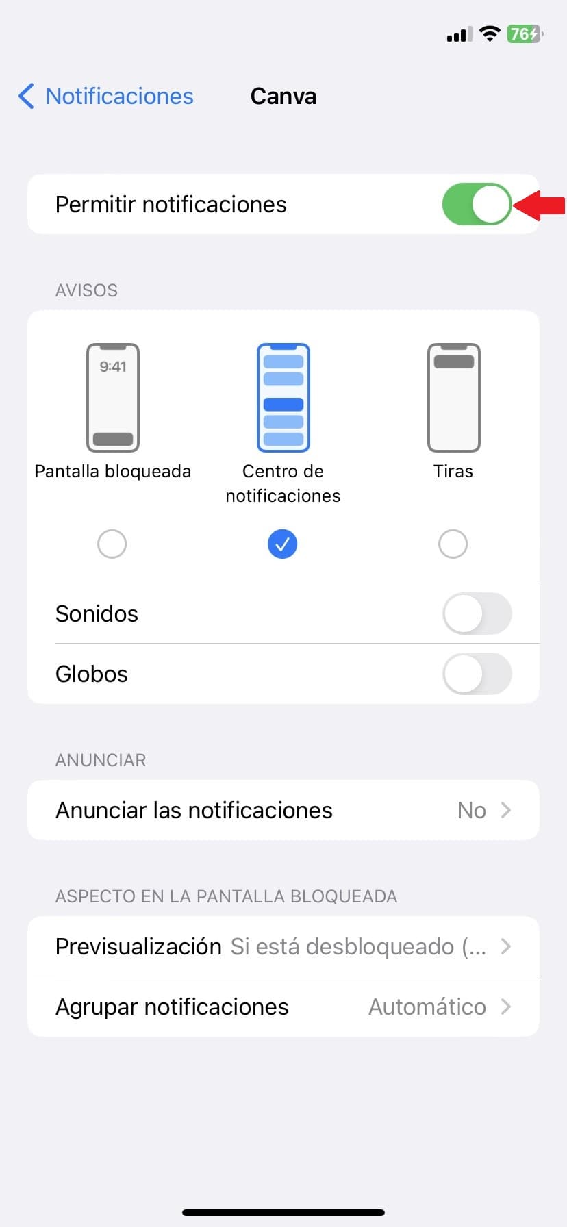 paso 4 desactivar notificaciones despues de esconder una app en el iphone