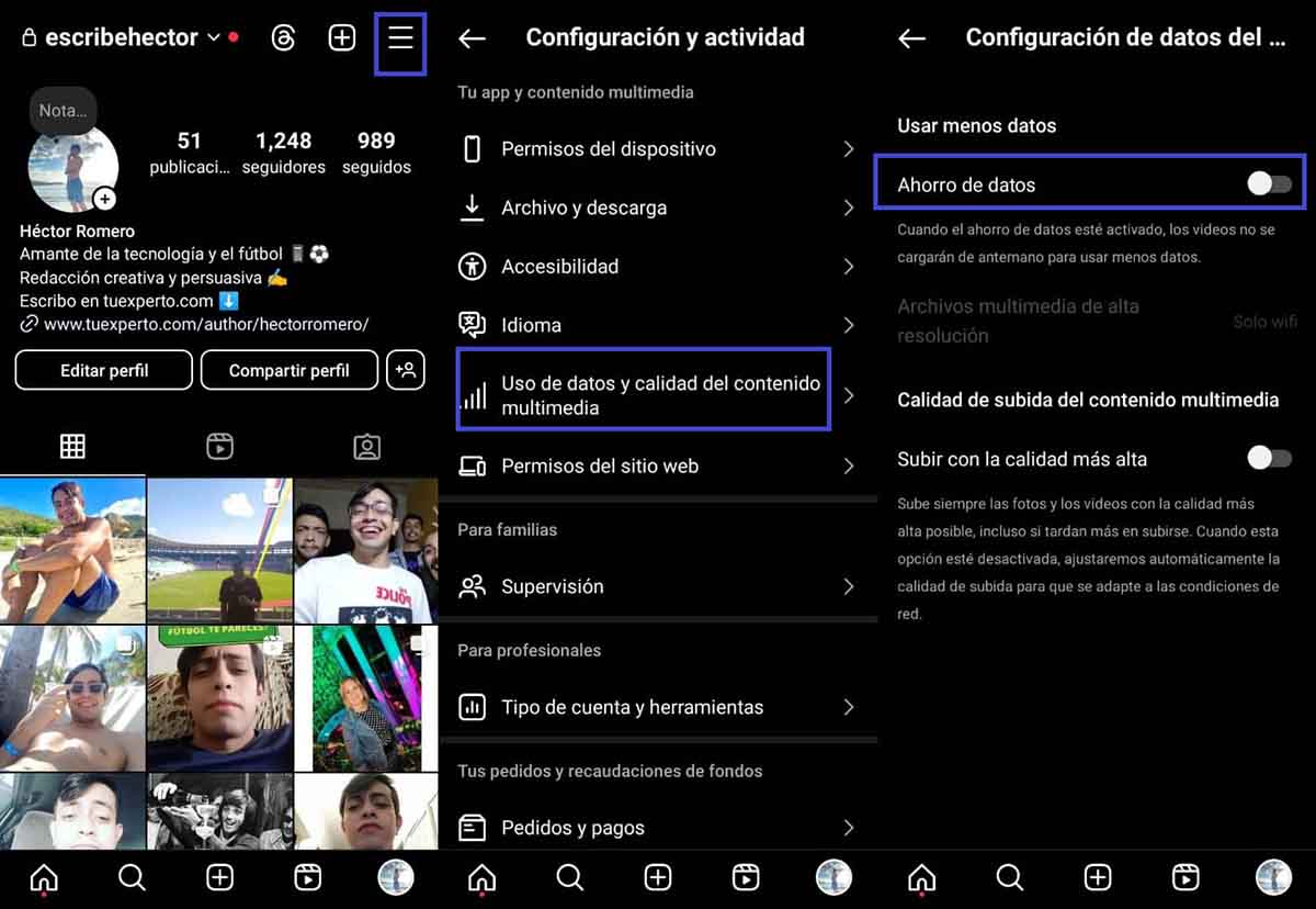 ahorro de datos instagram