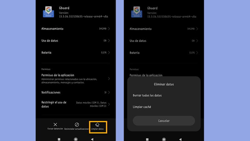 eliminar caché teclado android