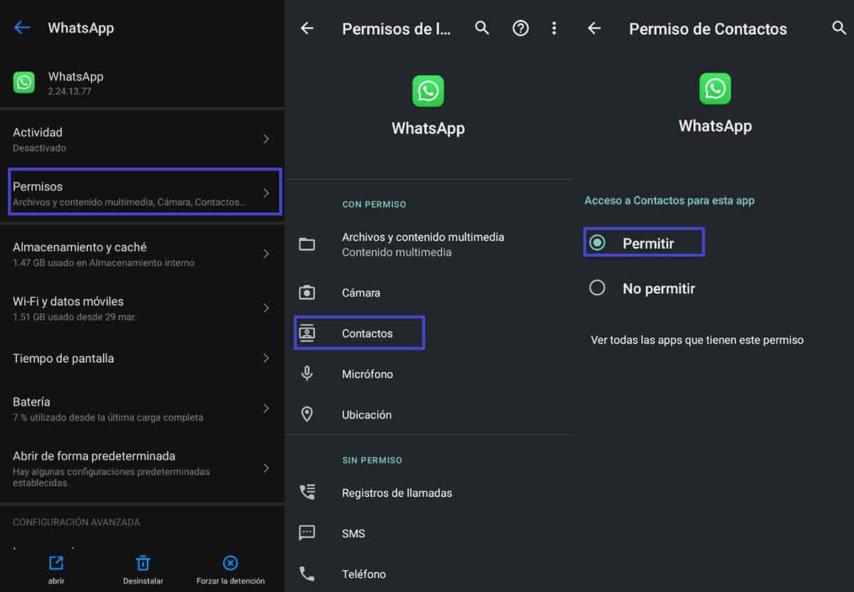 permisos contactos whatsapp