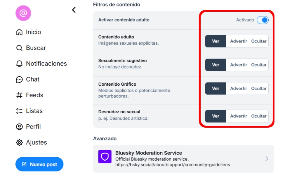 activar contenido adulto bluesky red social